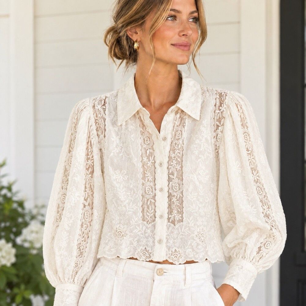 Caroline Constas Cream Lace Top L Cropped Romantic Feminine Cottagecore Boho NWT